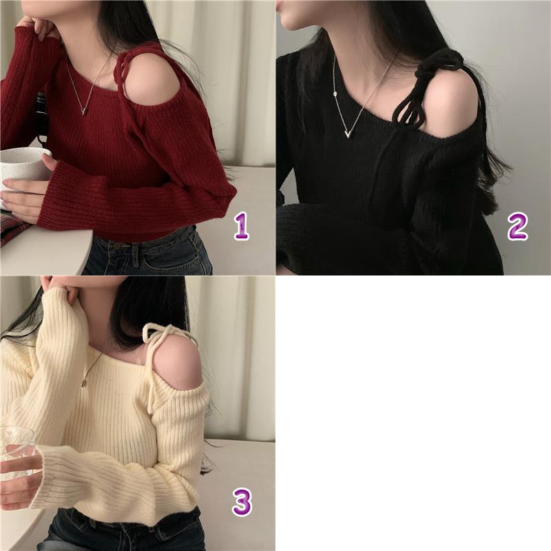 カットソー 韓国風ボートネックニットセーター肩見せリボン付き