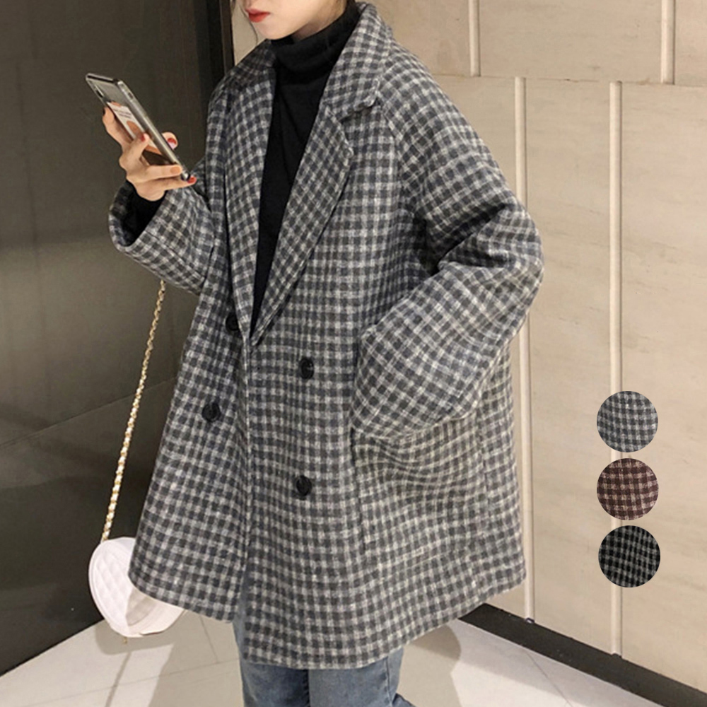 カットソー チェック柄長袖テーラードコート ゆったりシルエット