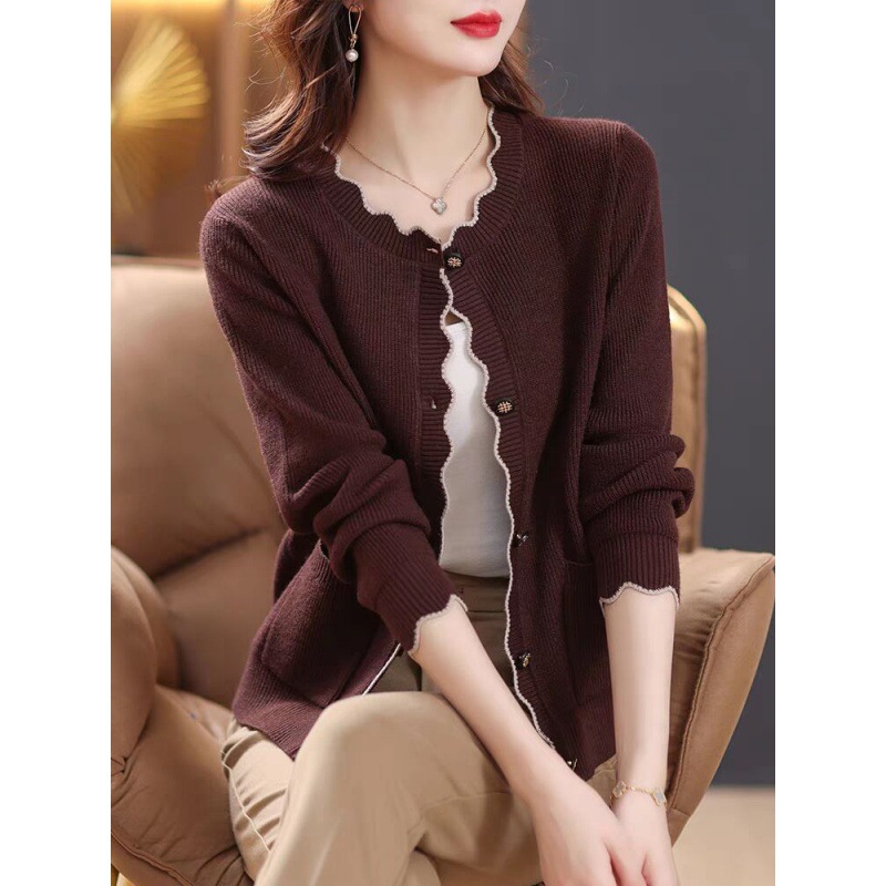 カットソー 波型縁取り前開きニットカーディガン長袖