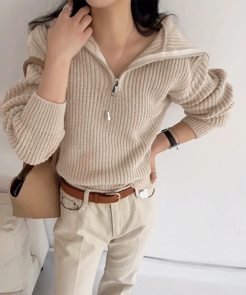 カットソー ハーフジップニットセーター ボートネック ビッグカラー