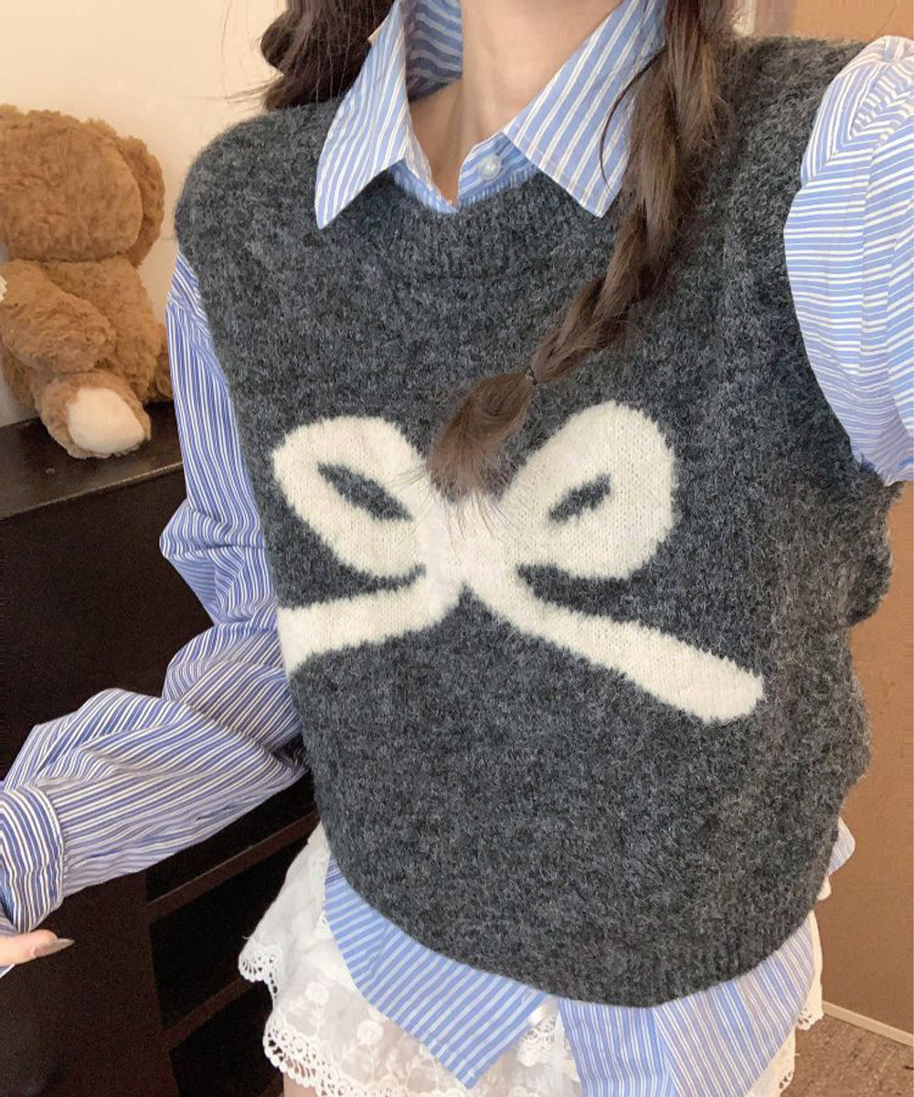 カットソー リボン柄ニットベスト レディース ノースリーブ