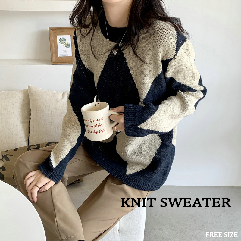 カットソー 秋冬新作 レディース ダイヤ柄 長袖 ニット セーター