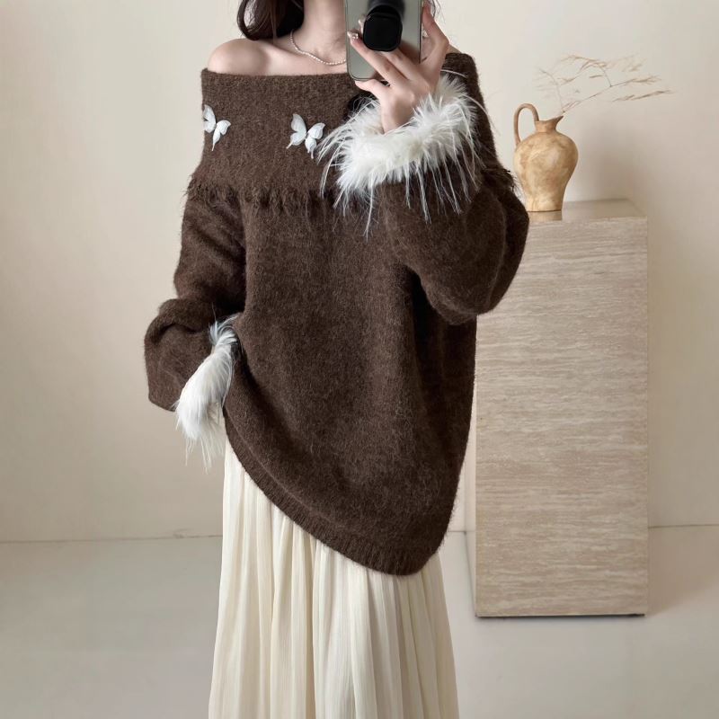 カットソー ボートネック ニットセーター 羽根装飾 ゆったり 韓国風 レディース