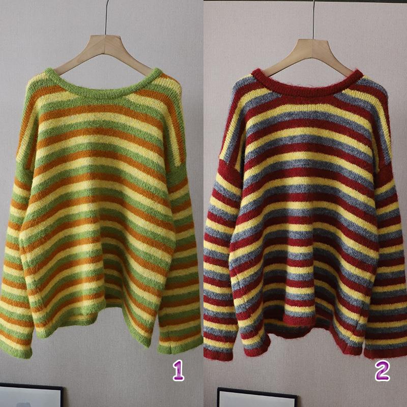 カットソー 韓国風ストライプニットセーター長袖レディーストップス