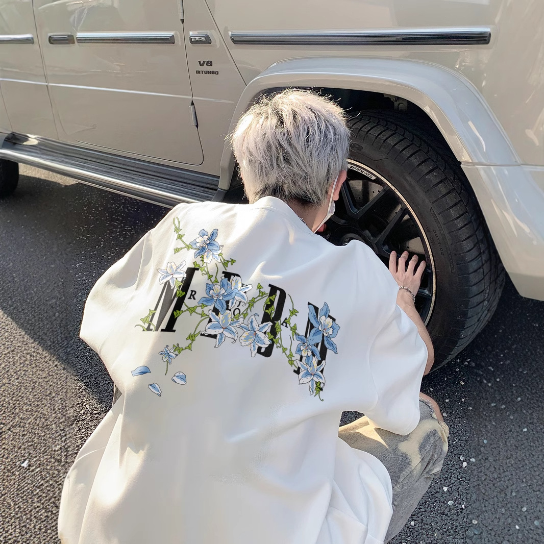 カットソー 花織りレター 装飾半袖カットソー
