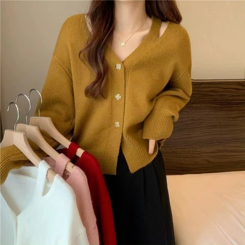 カットソー ビジュー釦ニットカーディガンVネックカットソー