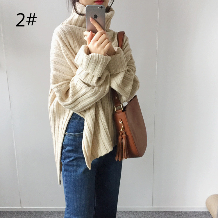 カットソー 体型カバー編みニットタートルネックセーター