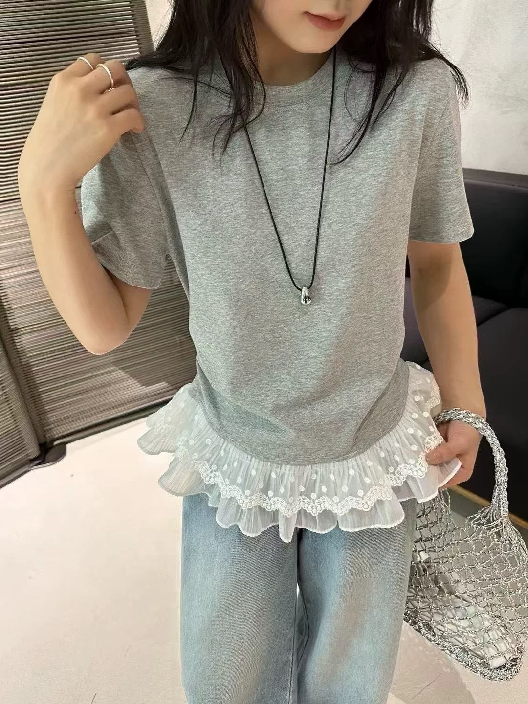 カットソー レース裾重ね半袖カットソー