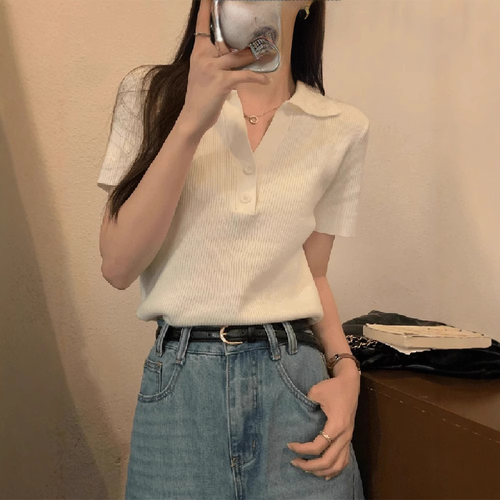 カットソー 上品リブ編みポロ風Vネック