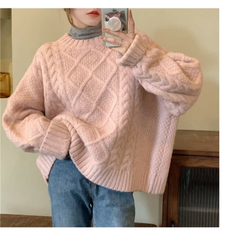 カットソー ゆったりケーブル編み丸首ニット