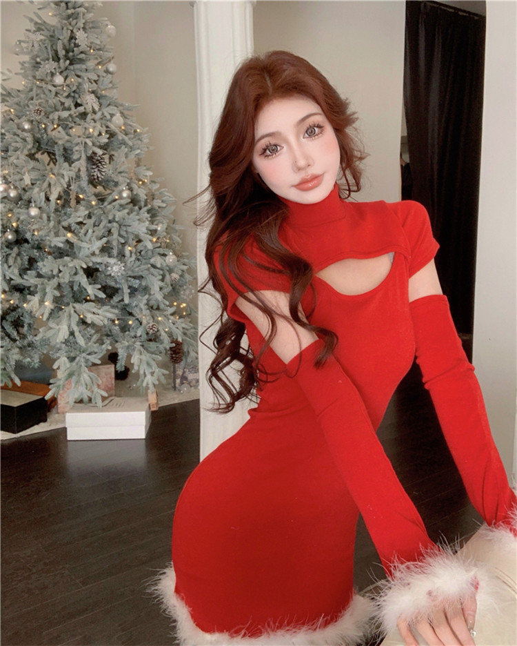 カットソー 聖夜ハイネックファー装飾ワンピース赤