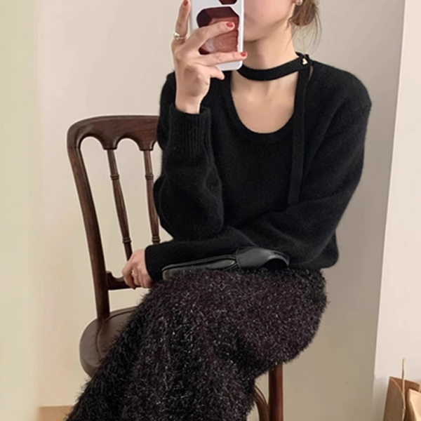 カットソー 配色ハイネックニットセーター レディース長袖カジュアルトップス