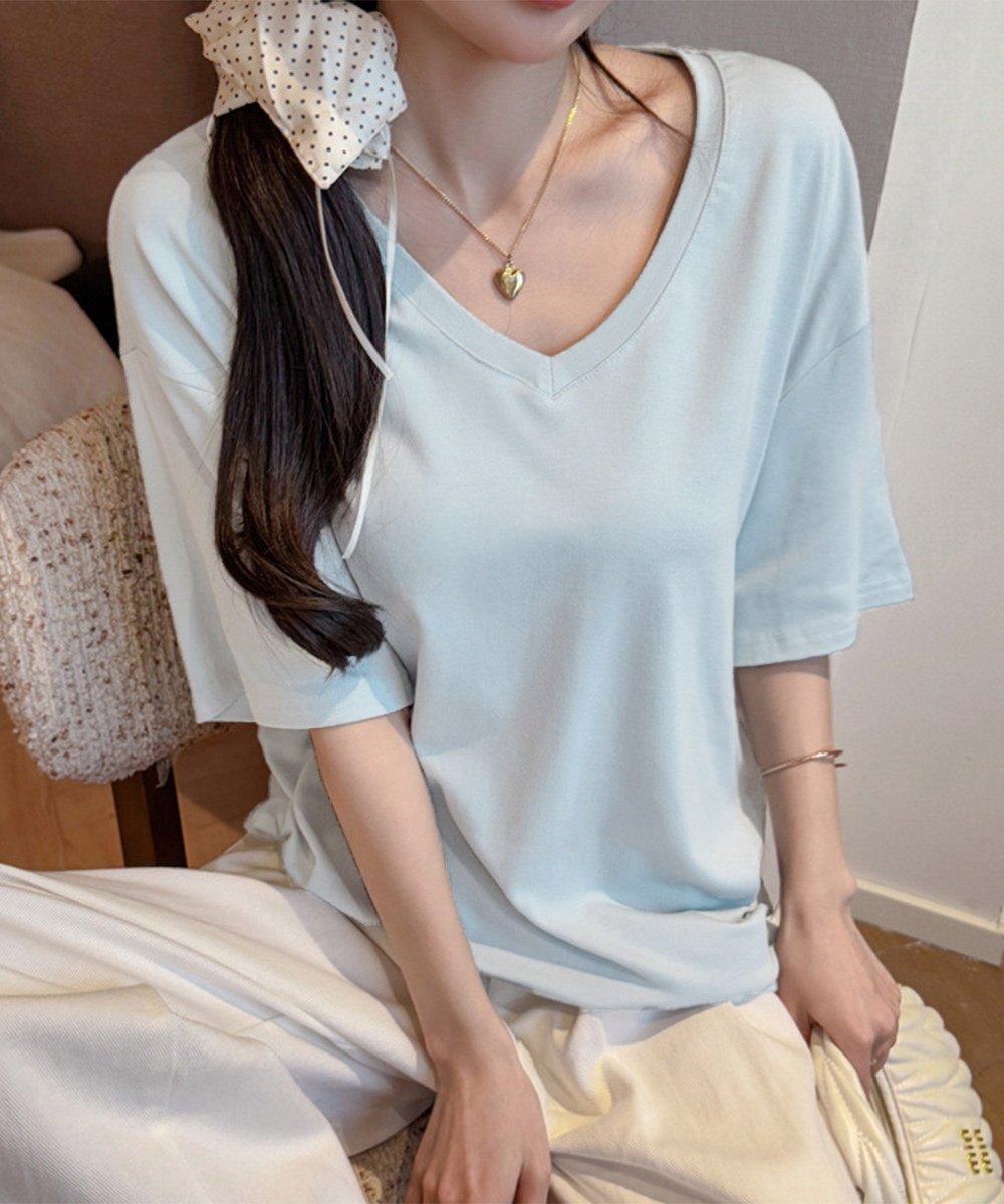 カットソー ゆったりVネック半袖Tシャツ レディース体型カバー