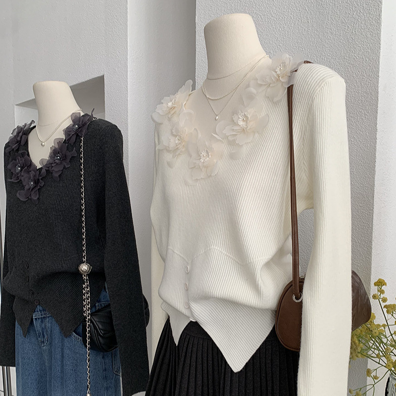 カットソー 花装飾長袖ニットセーター韓国風レディース２色