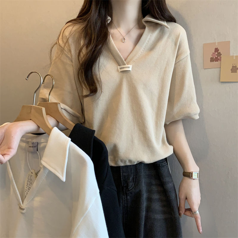 カットソー 上品ゆったり襟付きVネックプルオーバー