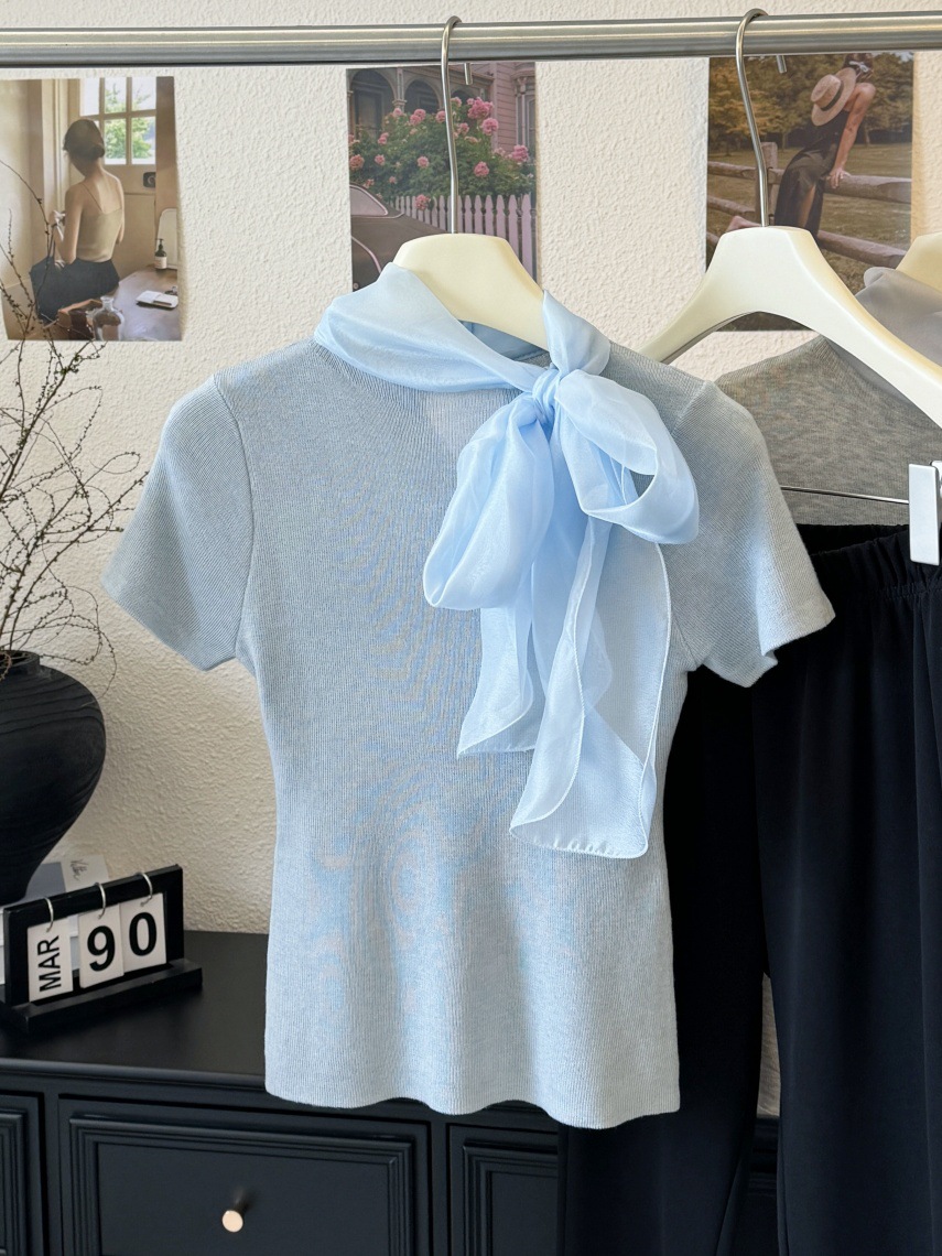 カットソー シフォンスカーフ付きリブカットソー