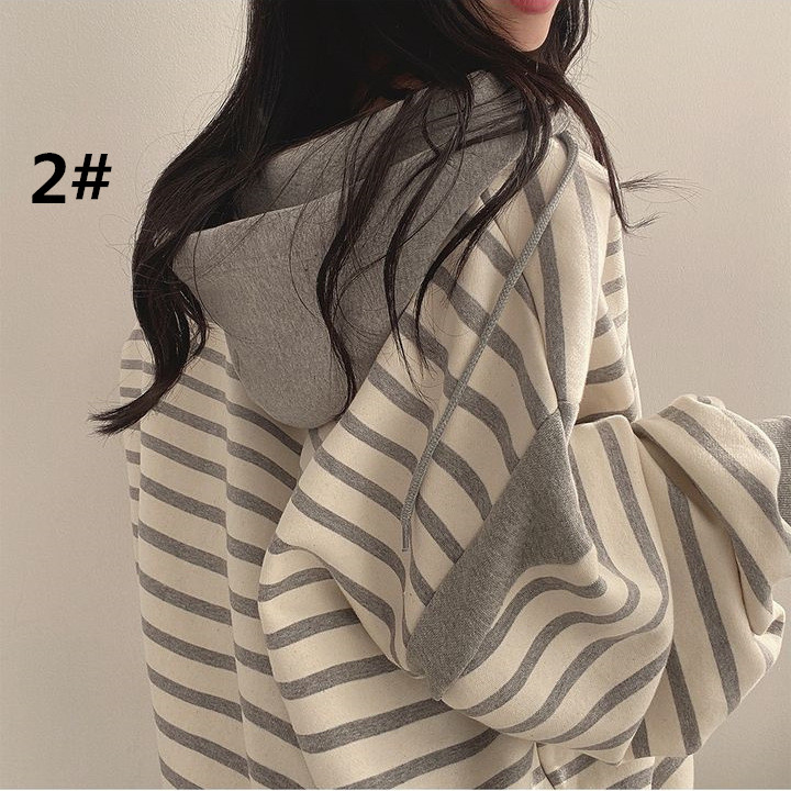 カットソー レディース長袖パーカー秋冬ボーダー柄フードゆったりカジュアル　(薄手・裏起毛　2種類)