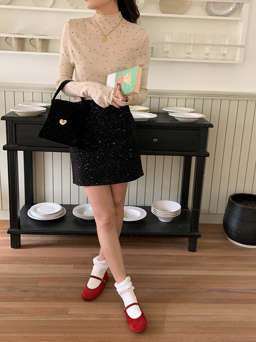 ドットプリント フリル ハーフハイネック ニット カットソー