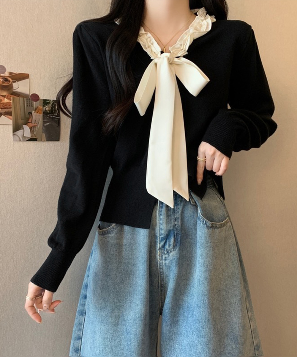 カットソー 長袖ボウタイニット フリル襟付きトップス