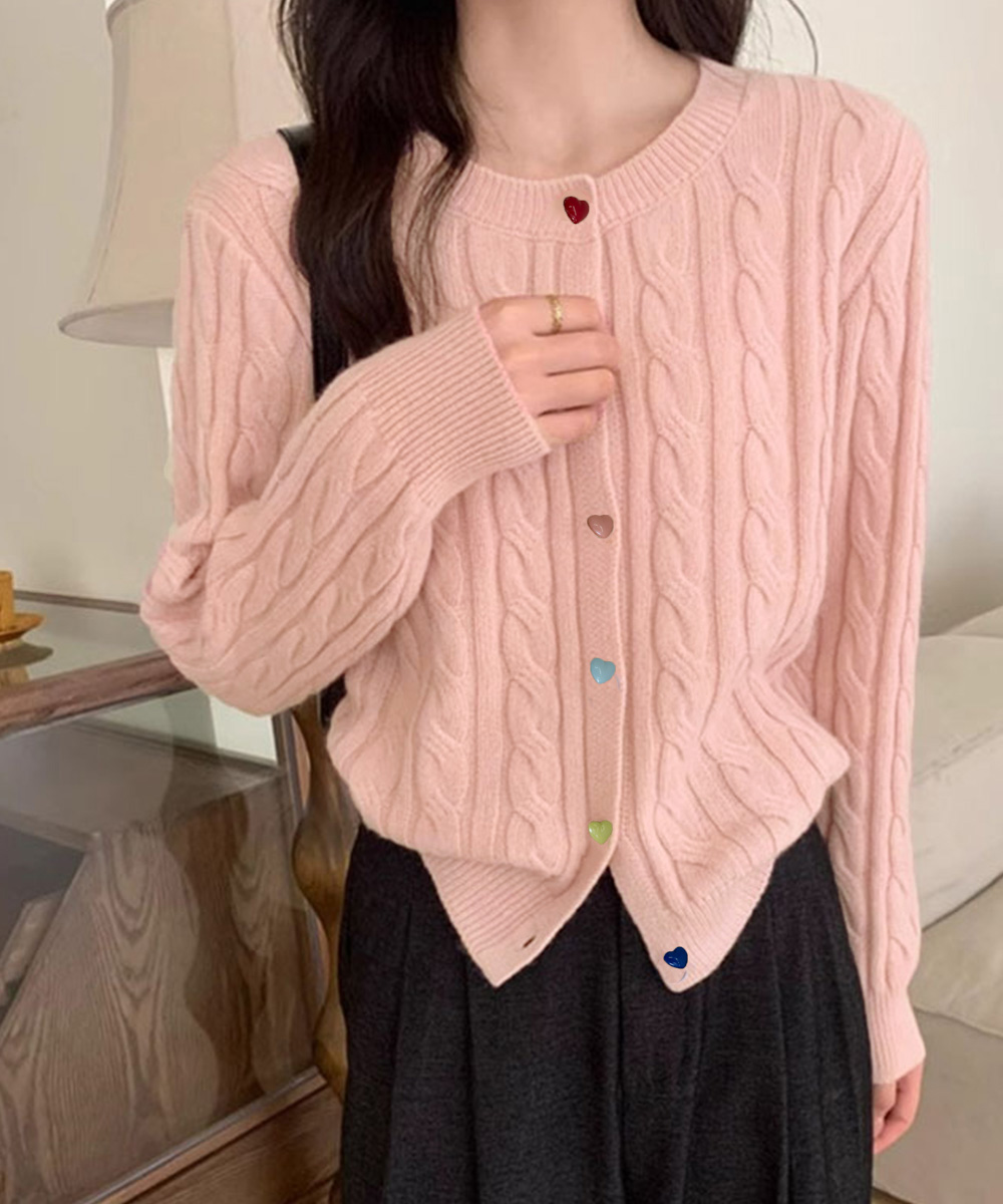 カットソー ハートボタン長袖ケーブルニットカーディガン