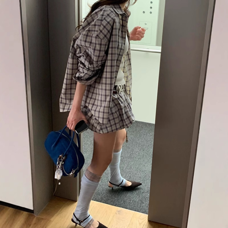 カットソー チェック柄 長袖シャツ ショートパンツ レディースセット