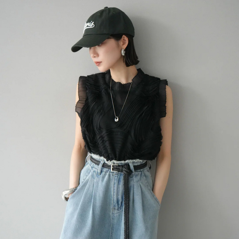 カットソー フリル襟 シアー半袖トップス 全3色