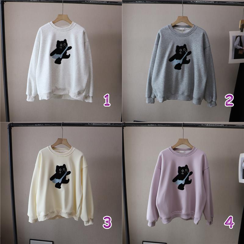 可愛い猫刺繍長袖裏起毛カットソー韓国風4色