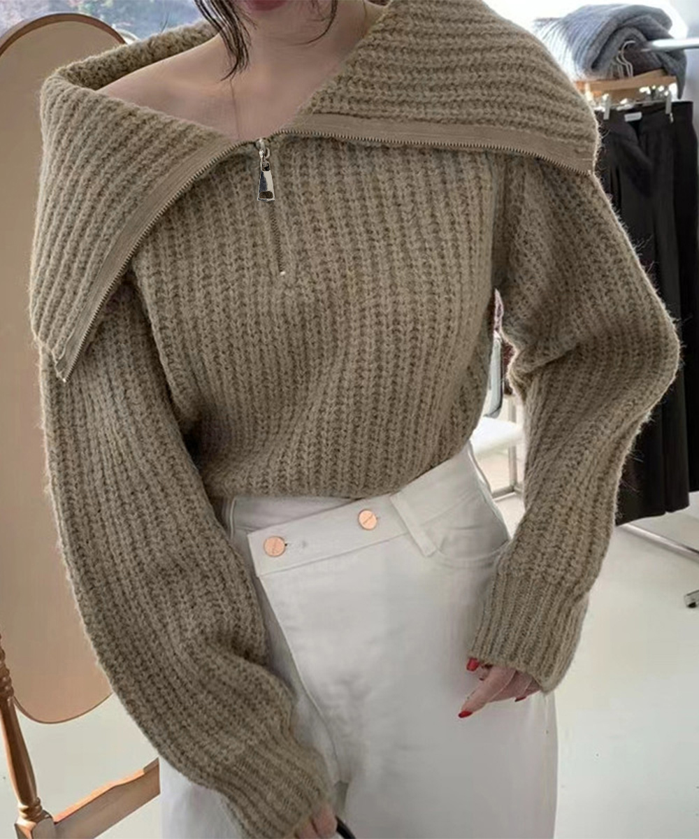 カットソー ハーフジップニットセーター ボートネック ビッグカラー