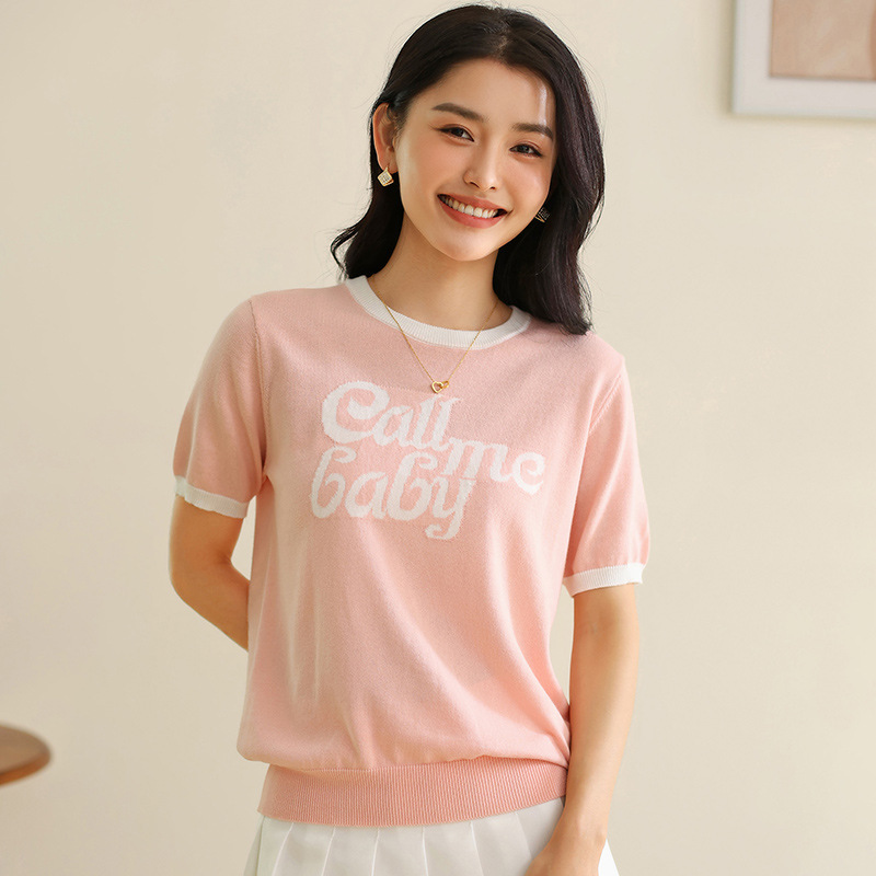 カットソー メッセージ入り細編みニットプルオーバー
