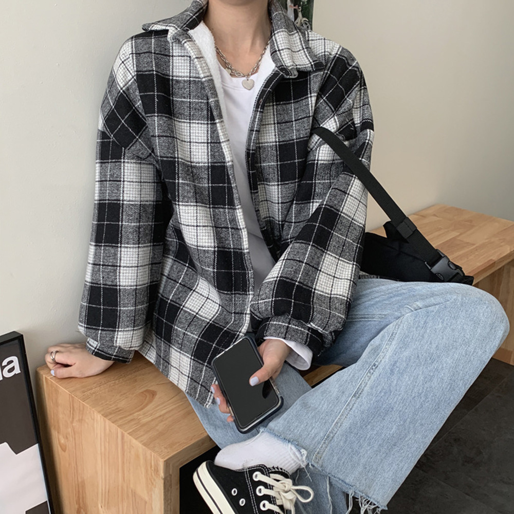 カットソー 長袖チェック柄裏起毛シャツジャケット秋冬