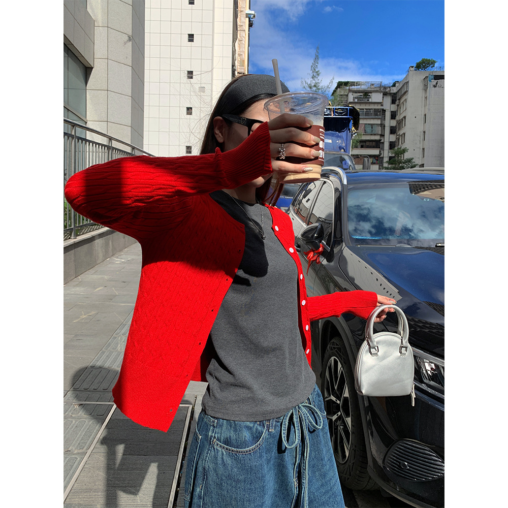 カットソー カットソー 立体編みバイカラーカーディガン