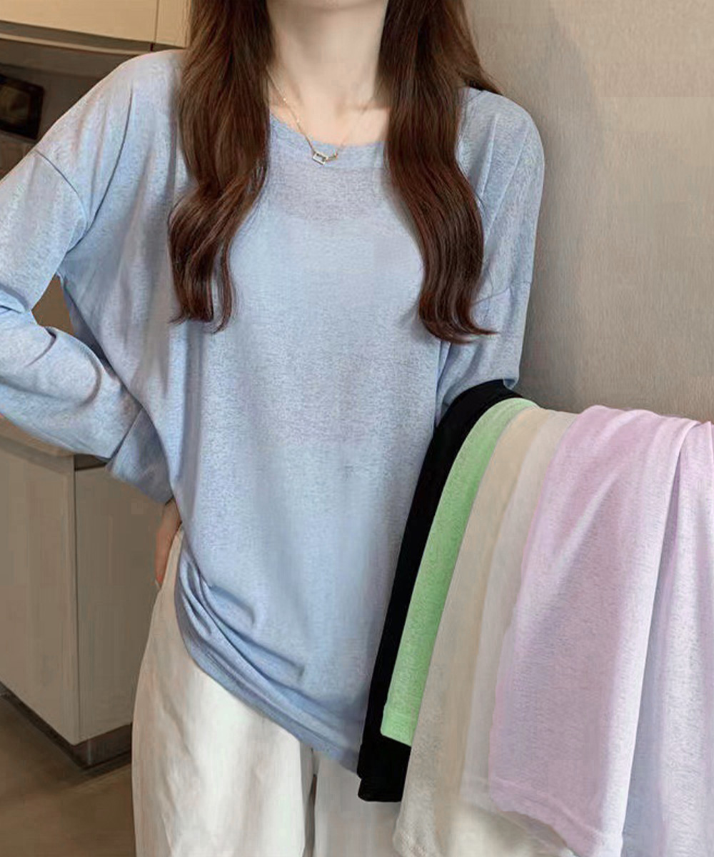 カットソー シアー素材 長袖クルーネックTシャツ 重ね着風