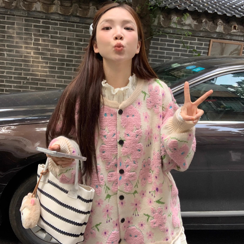 カットソー 花柄ニットカーディガン長袖韓国風レディース2色