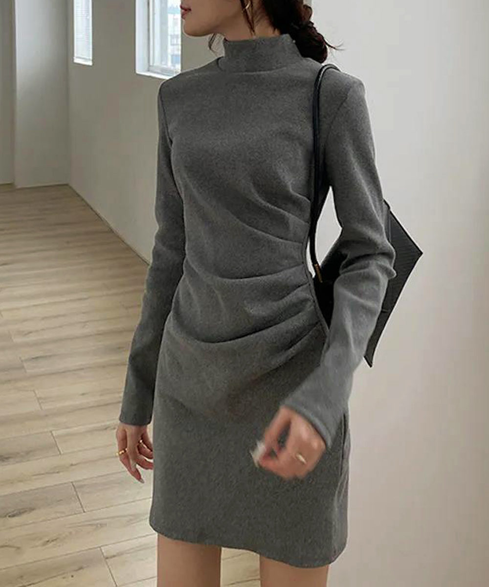 カットソー ハイネック ミニ丈 ドレープ ワンピース 韓国風