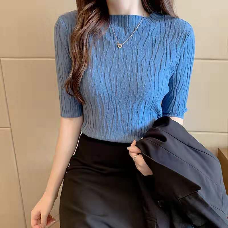 カットソー 女性用ケーブル編みハイネック五分袖セーター