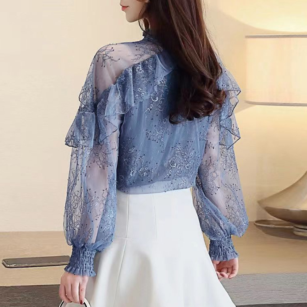 カットソー 花柄刺繍シアーブラウス 長袖レース透け感トップス