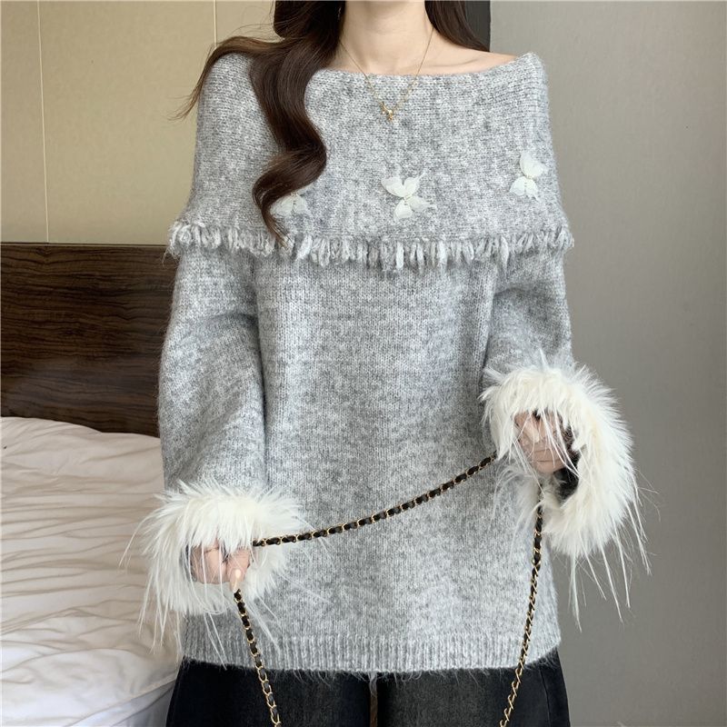 カットソー ボートネック ニットセーター 羽根装飾 ゆったり 韓国風 レディース