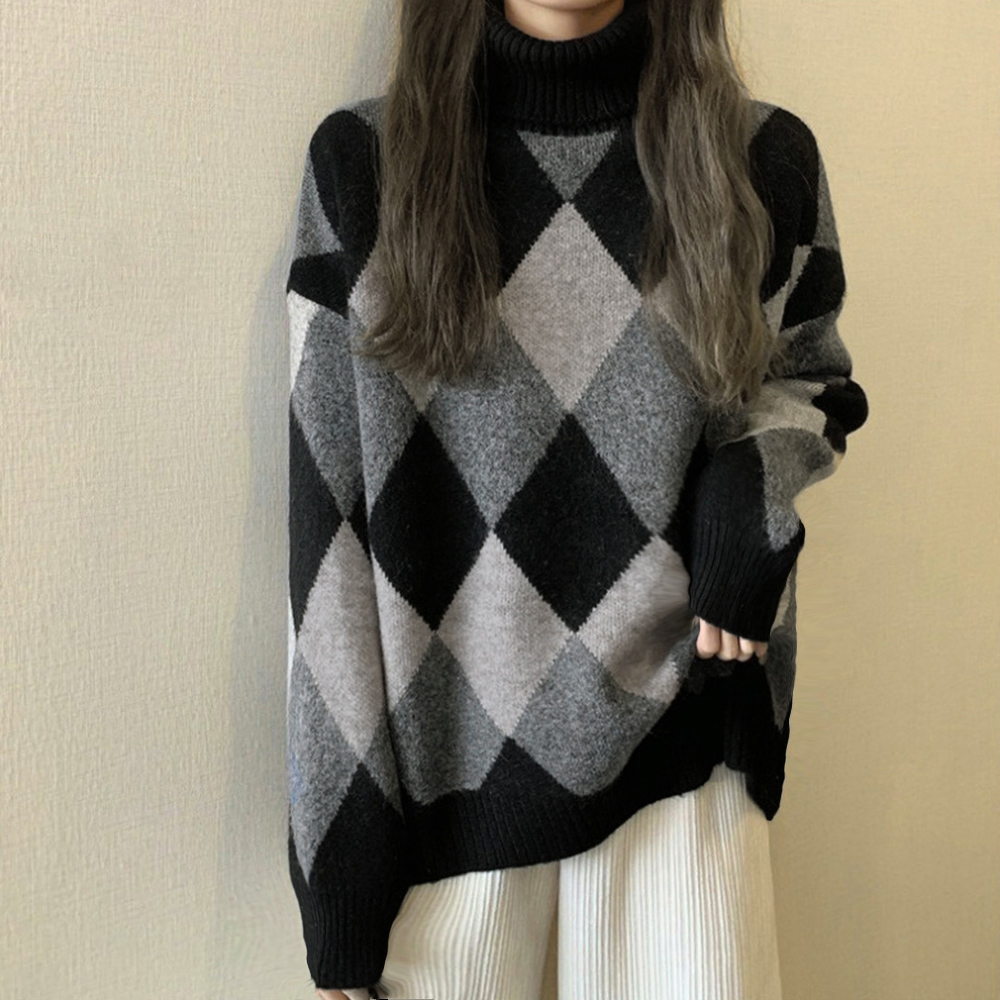カットソー 菱形柄タートルネック厚手ニット秋冬セーター