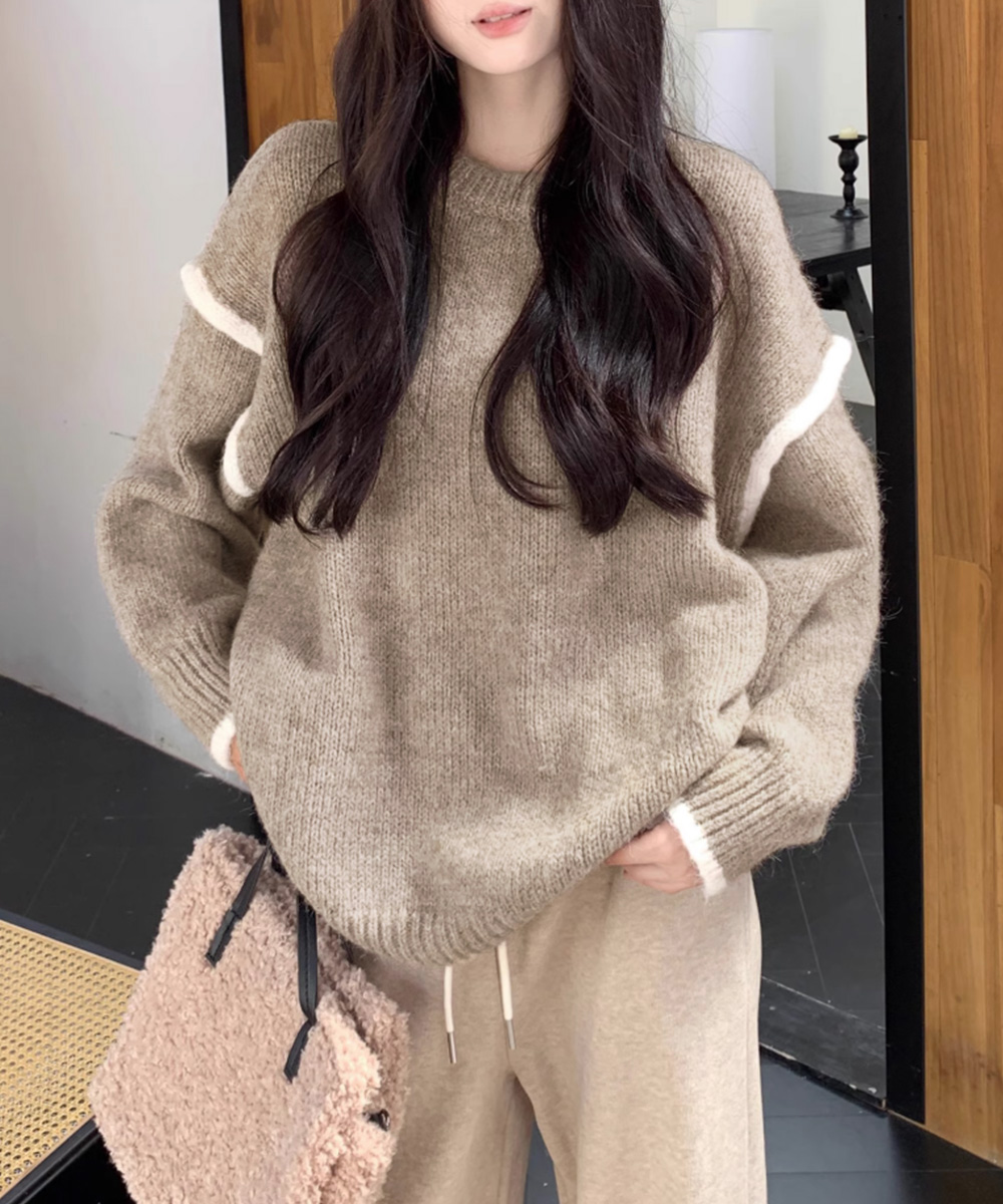 カットソー 長袖ゆったりニット丸首セーター体型カバー冬服