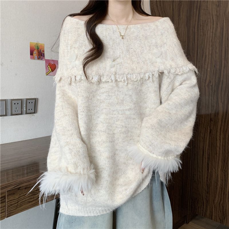 カットソー ボートネック ニットセーター 羽根装飾 ゆったり 韓国風 レディース