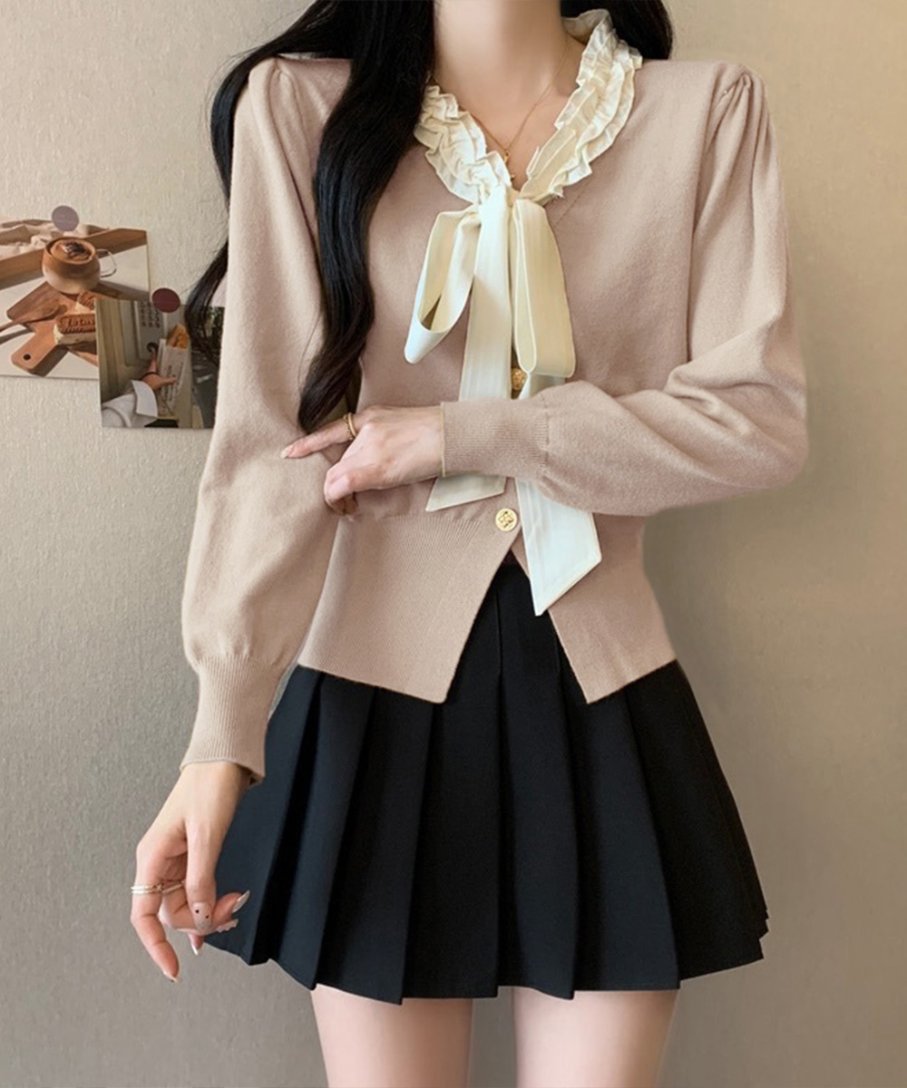 カットソー 長袖ボウタイニット フリル襟付きトップス