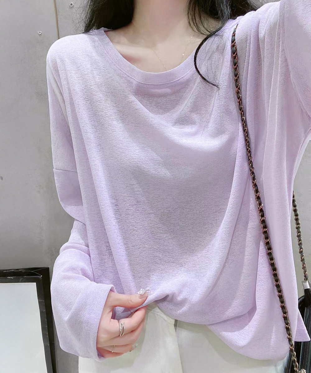 カットソー シアー素材 長袖クルーネックTシャツ 重ね着風