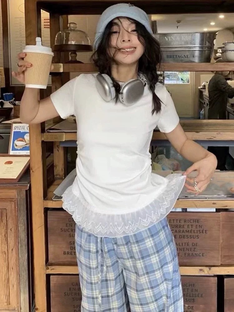 カットソー レース裾重ね半袖カットソー