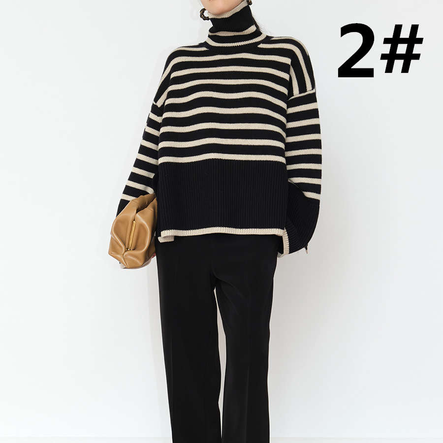 カットソー ハイネックストライプニット 厚手セーター 体型カバー レディース