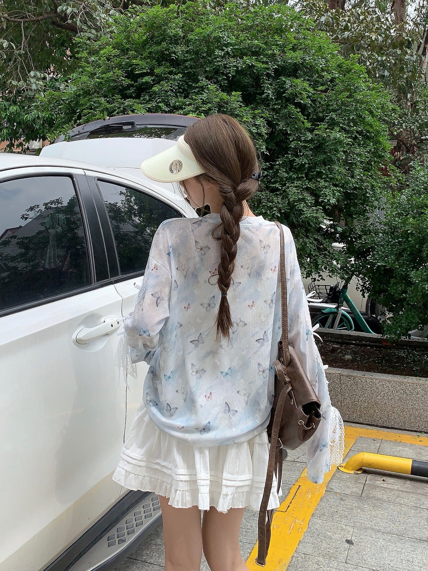 カットソー レース袖リボン付き花柄カットソー