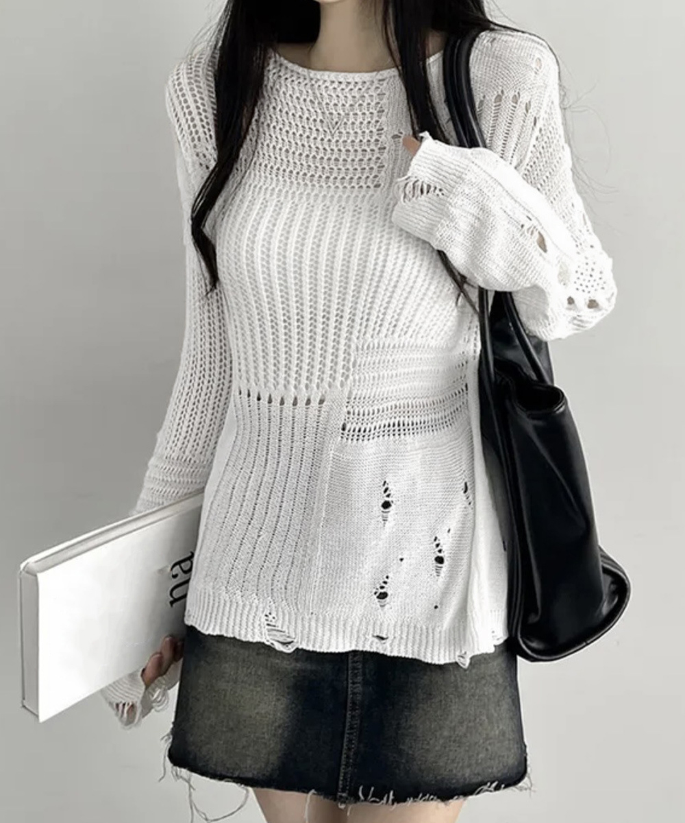 透かし編み長袖カットソー ダメージニットトップス