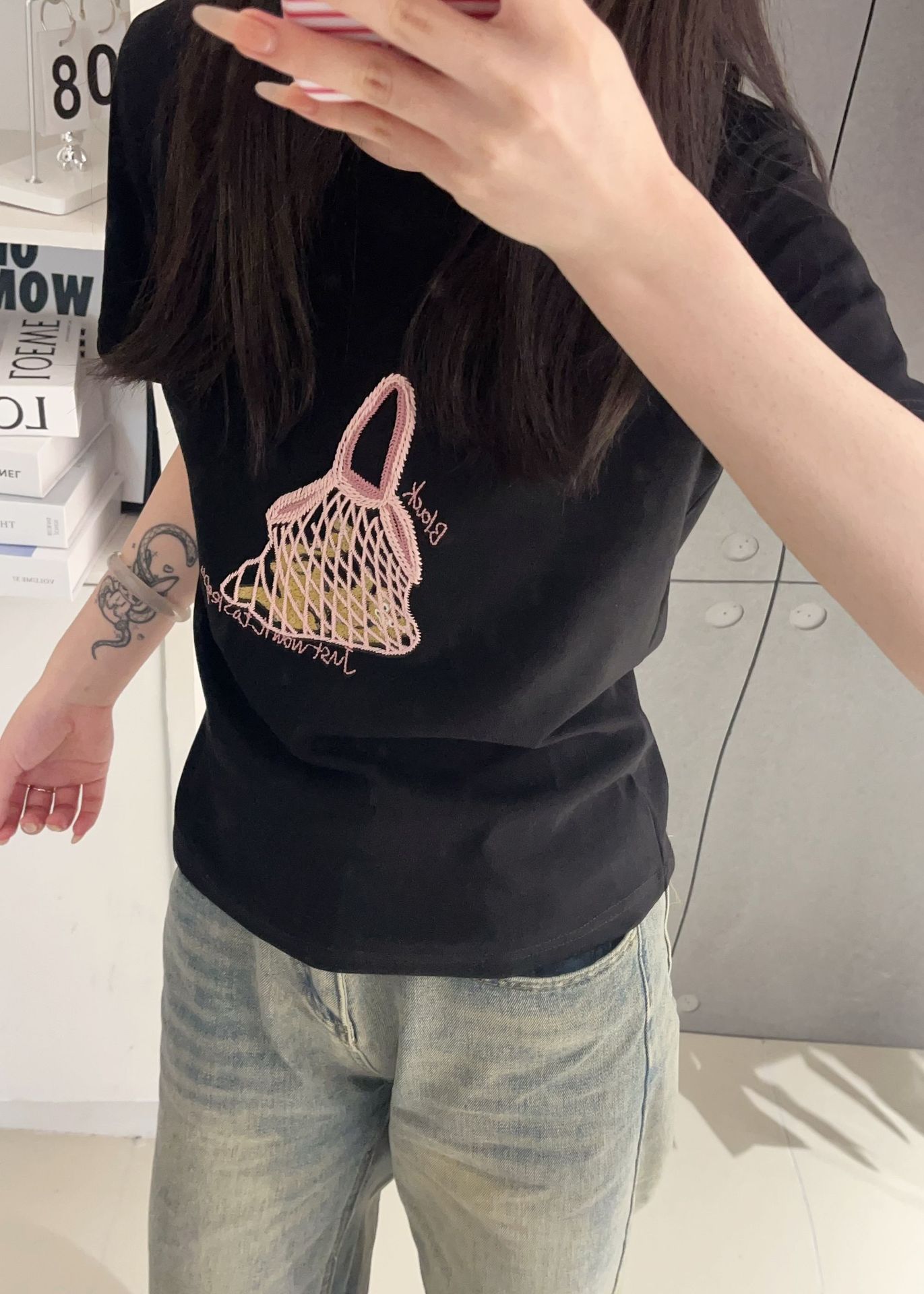 カットソー 網バッグ刺繍 ゆったり半袖