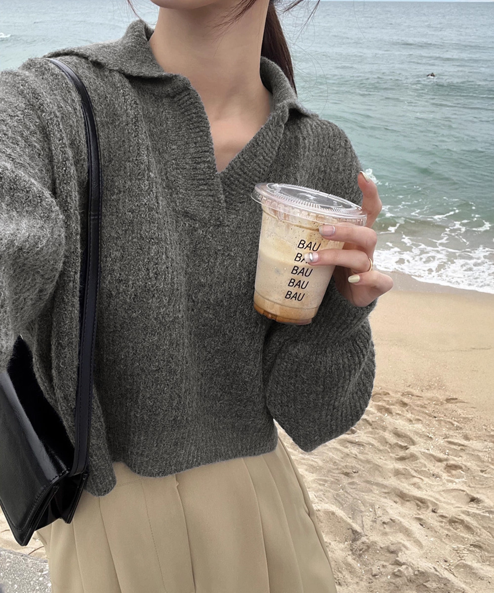 カットソー 襟付きVネックニット ゆったりスキッパーセーター