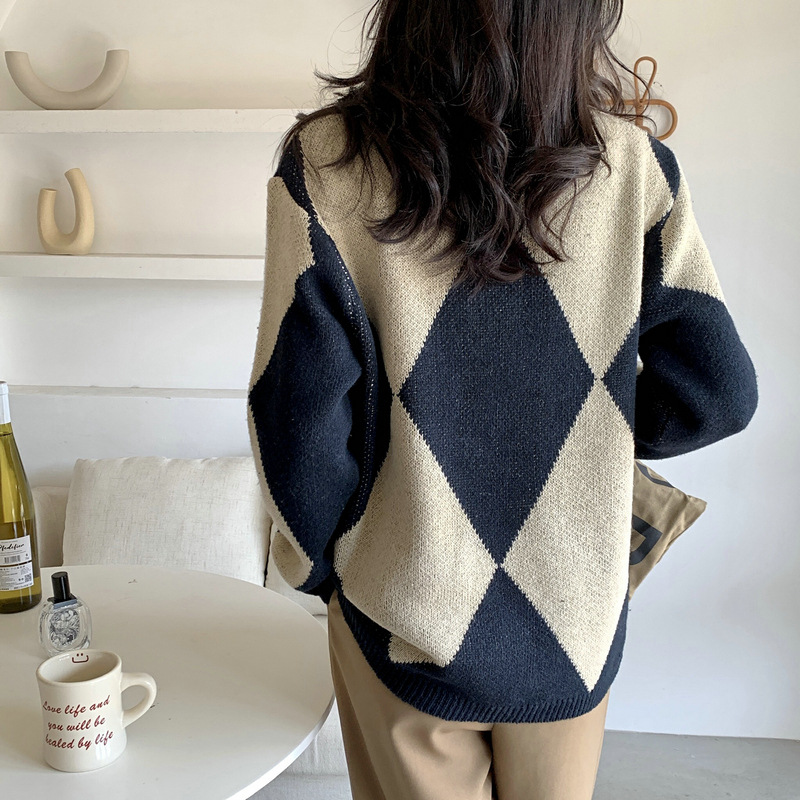 カットソー 秋冬新作 レディース ダイヤ柄 長袖 ニット セーター