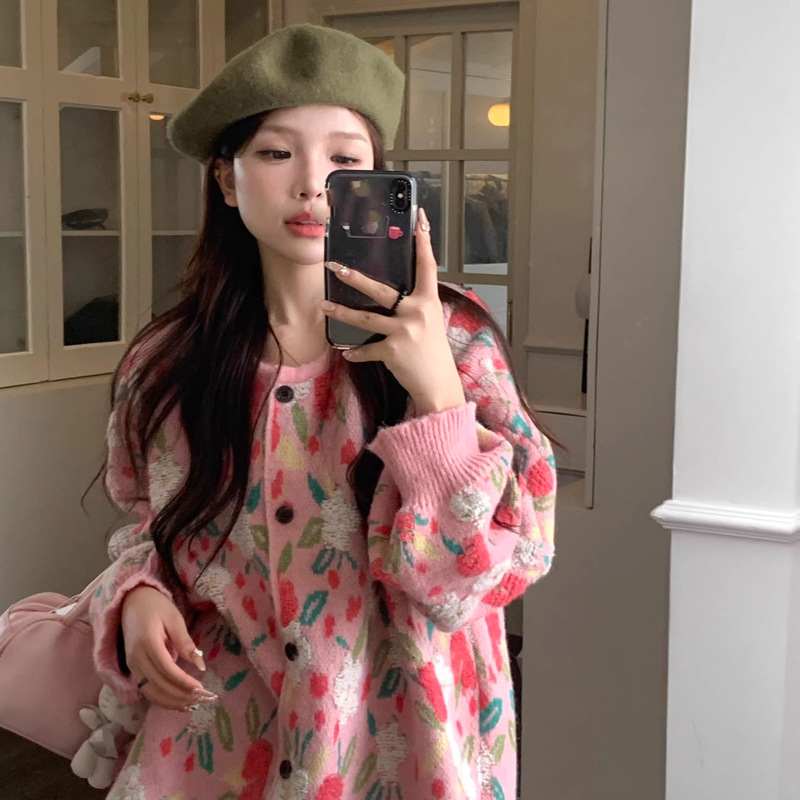 カットソー 花柄ニットカーディガン長袖韓国風レディース2色